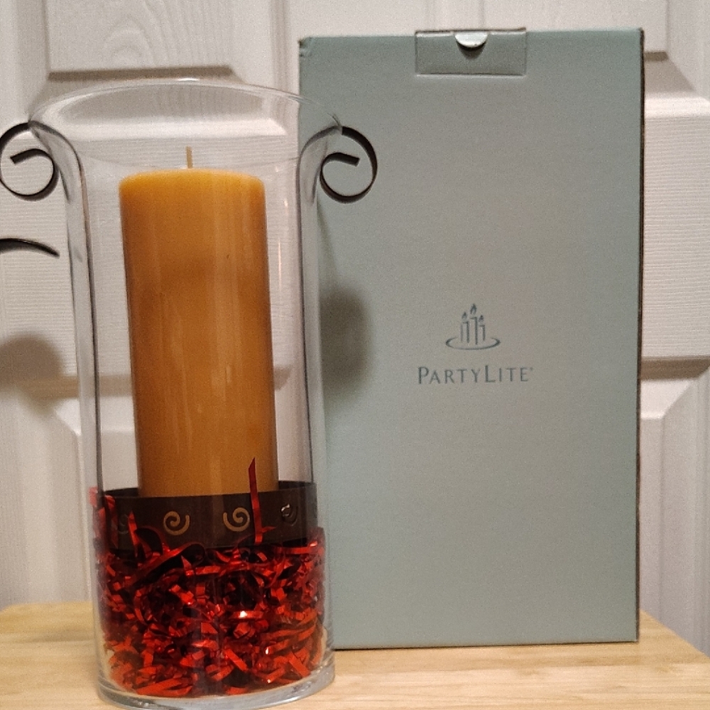 PartyLite Glass Hurricane Holder with Tan Candle